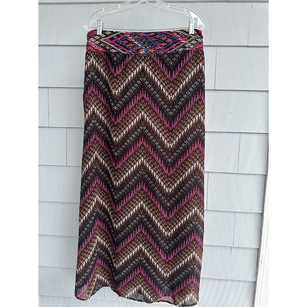 Ariat Maxi Western Skirt Womens L Elastic Waist Boho Multicolor Bright Zig Zag